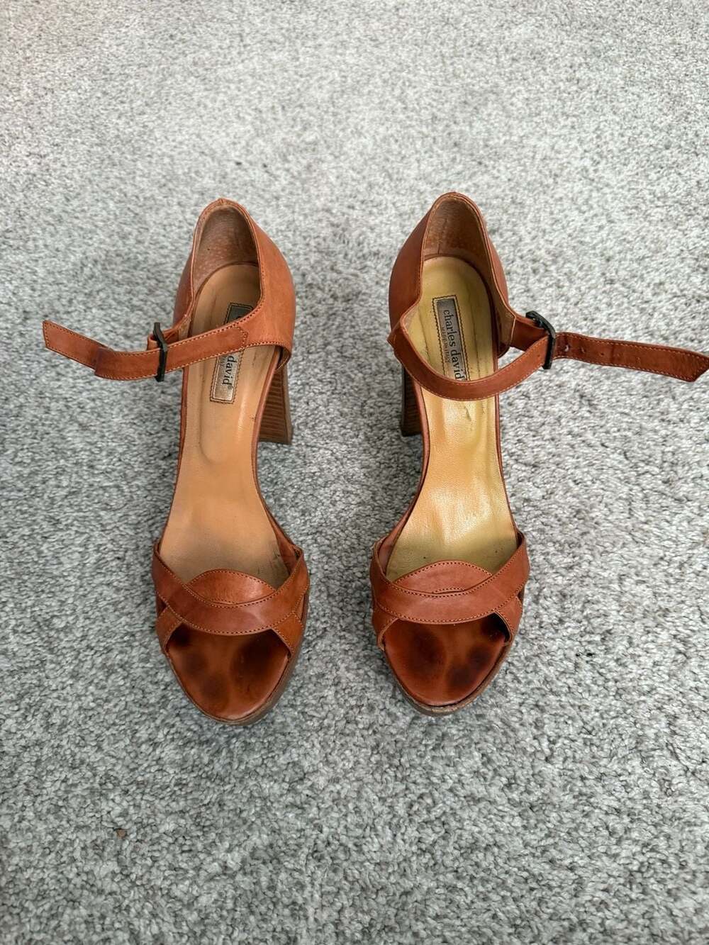 Charles David Tan Leather Ankle Strap Platform Block Heel Sandals Size 7.5
